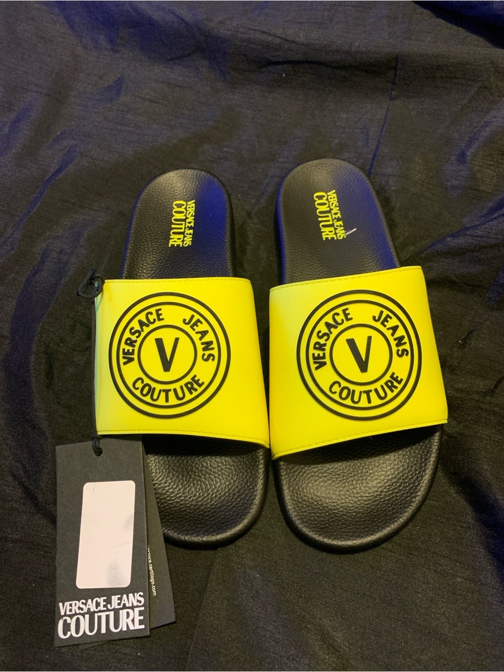 Versace Jeans Collection Yellow Logo Slide Sandals with Black Detail